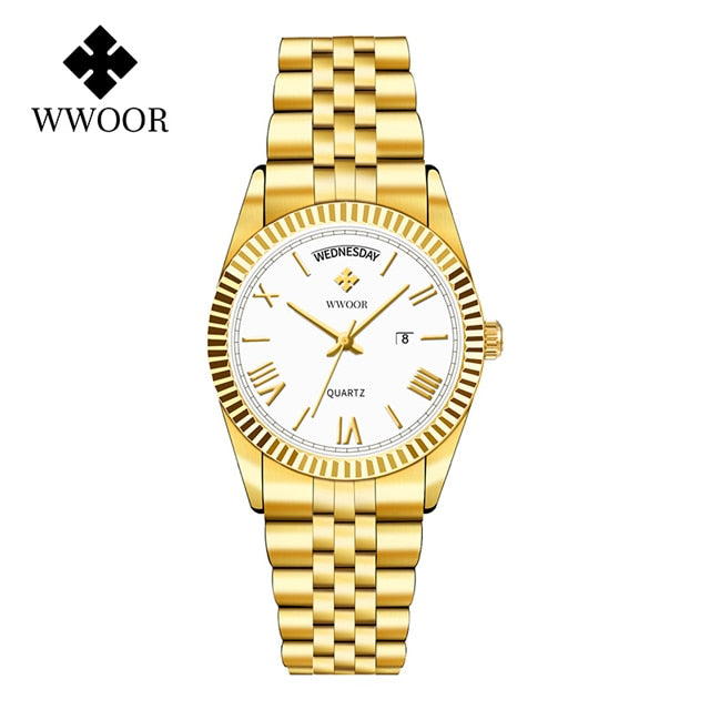 New Gold Watches Mens Luxury Stainless Steel With Calendar Warter proof Male Clock Week Quartz Wristwatch Relogio Masculino