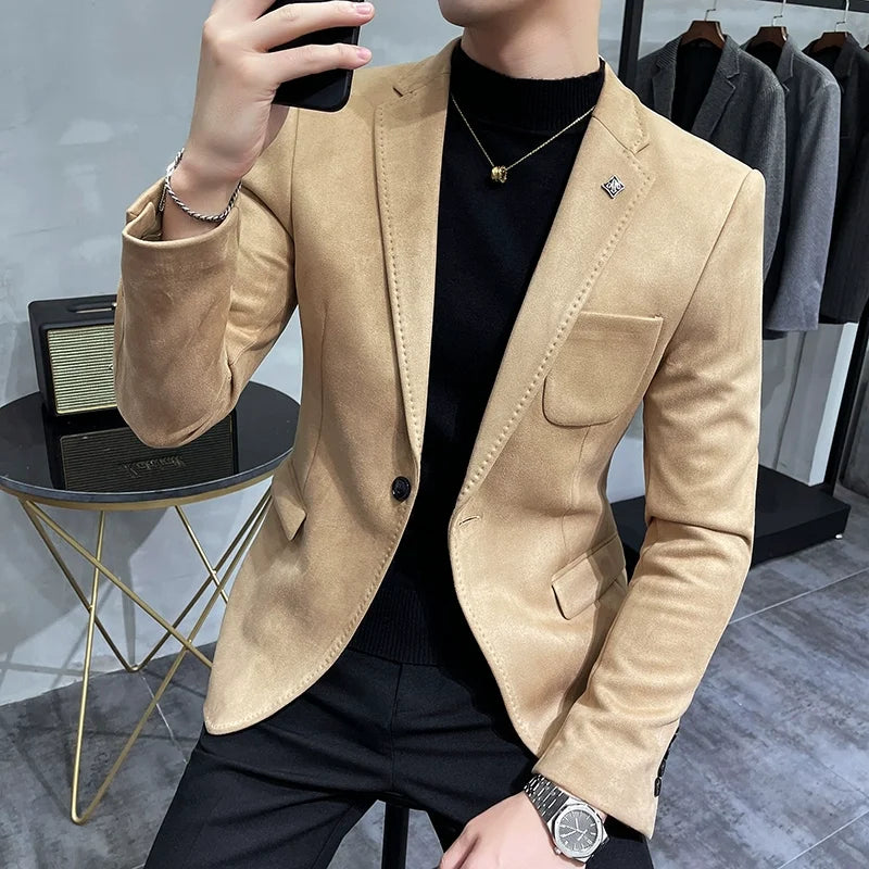 Men Deerskin Fleece Jacket Suit Coat Blazer Business Leisure Slim Fit Single Button Suit Coat Khaki, Asia XL 62-68KG