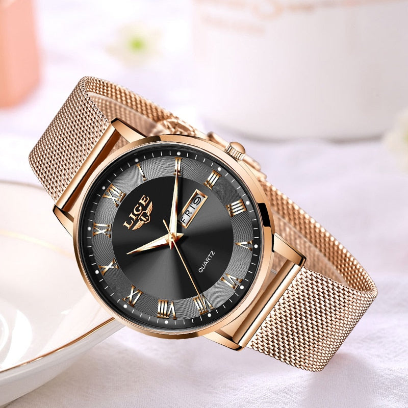 Women Watch Bracelet Quartz Clock Movement Simple Waterproof Rose Gold Stainless Steel Mesh Ladies Watches