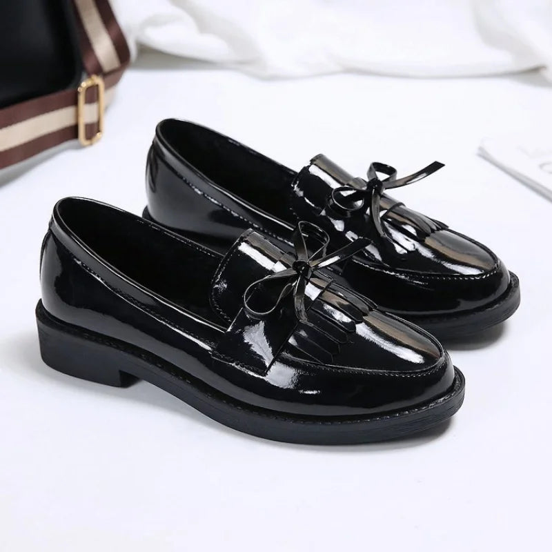 Leather Loafers Women's Black Patent Platform Slip on Shoes for Women New Spring British Tassel Casual Bowknot Flats Shoes