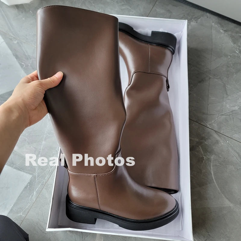 Genuine Leather Knee High Boots For Women Thick Heeled Autumn Winter Warm Shoes Woman High Motorcycle Boots