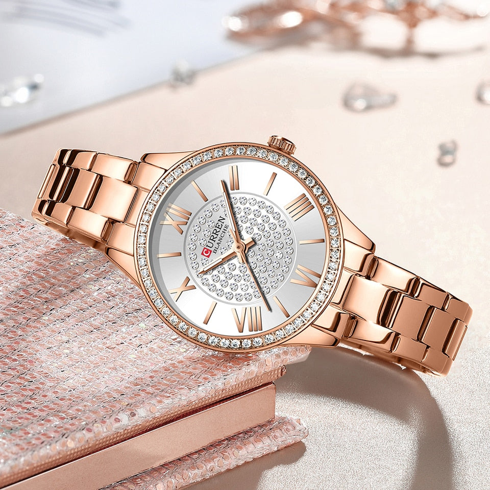 Rhinestones Rose Dial Fashion Watches with Stainless Steel Band New Quartz Wristwatches for Women