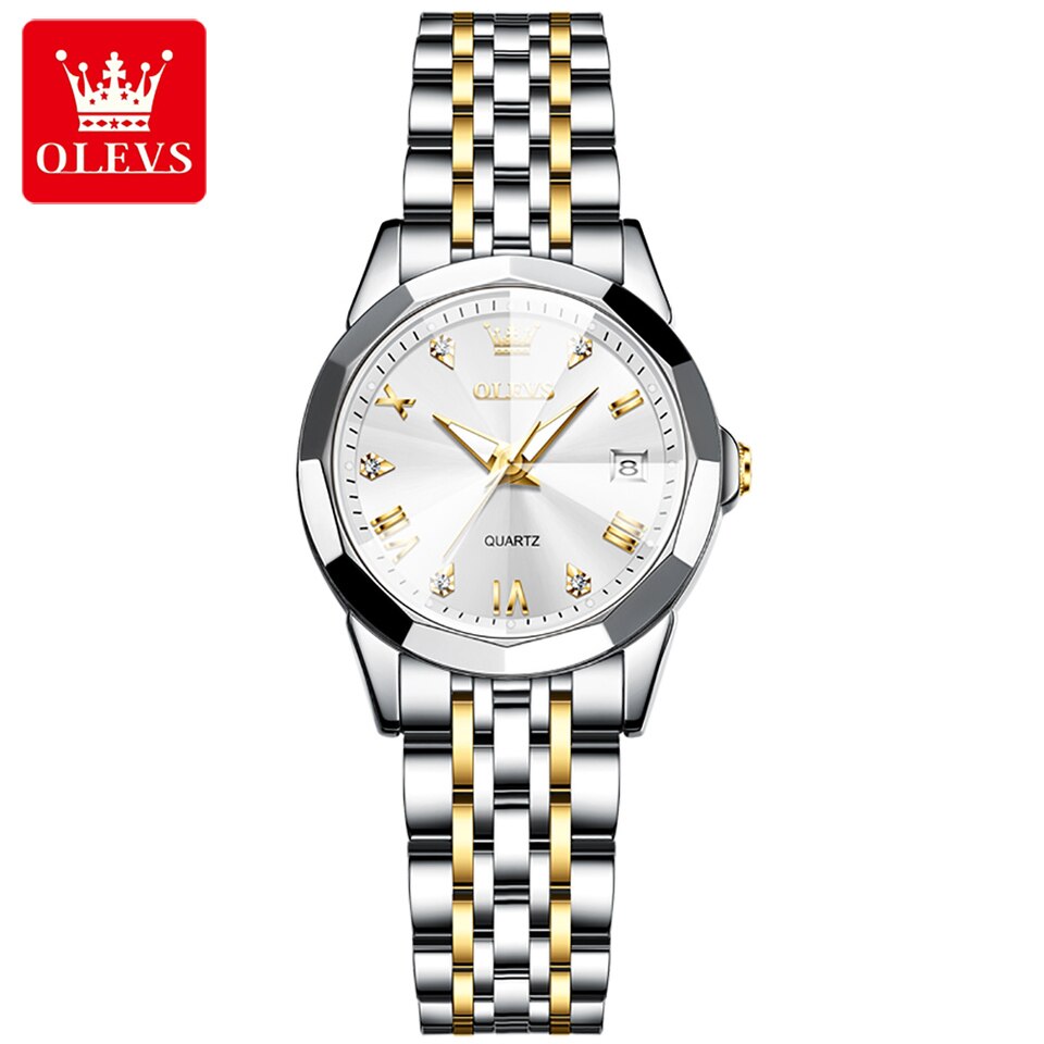 OLEVS Quartz Watch for Women Solid Stainless Steel Strap Rhombus Design Elegant Ladies Wristwatch Bracelet Necklace Gift Box Set Gold White, China