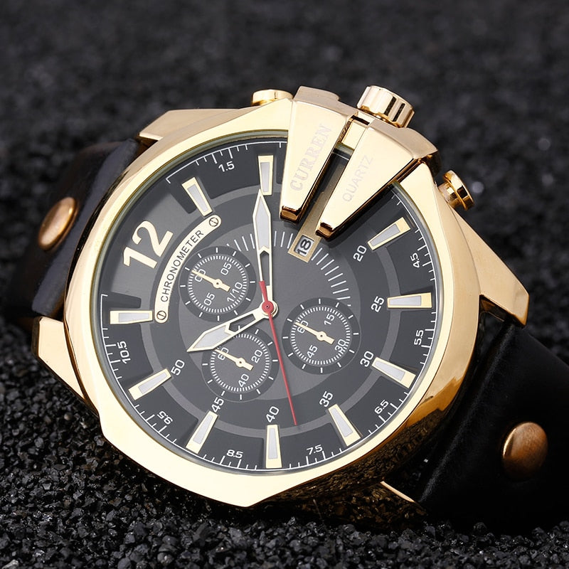 Men Watches Top Brand Luxury Gold Male Watch Fashion Leather Strap Outdoor Casual Sport Wristwatch With Big Dial black black gold