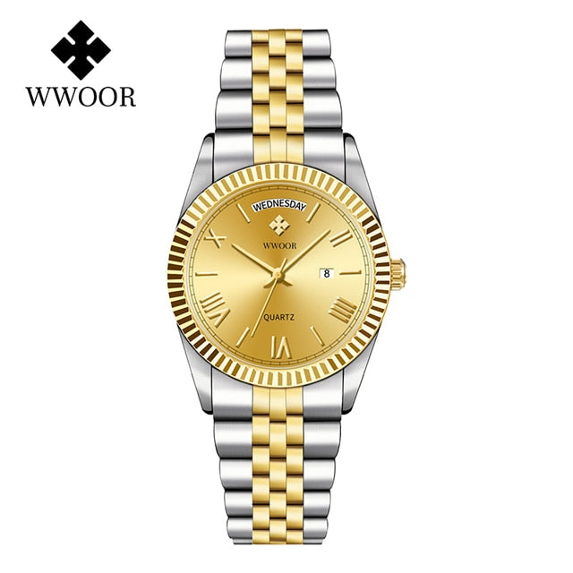 New Gold Watches Mens Luxury Stainless Steel With Calendar Warter proof Male Clock Week Quartz Wristwatch Relogio Masculino