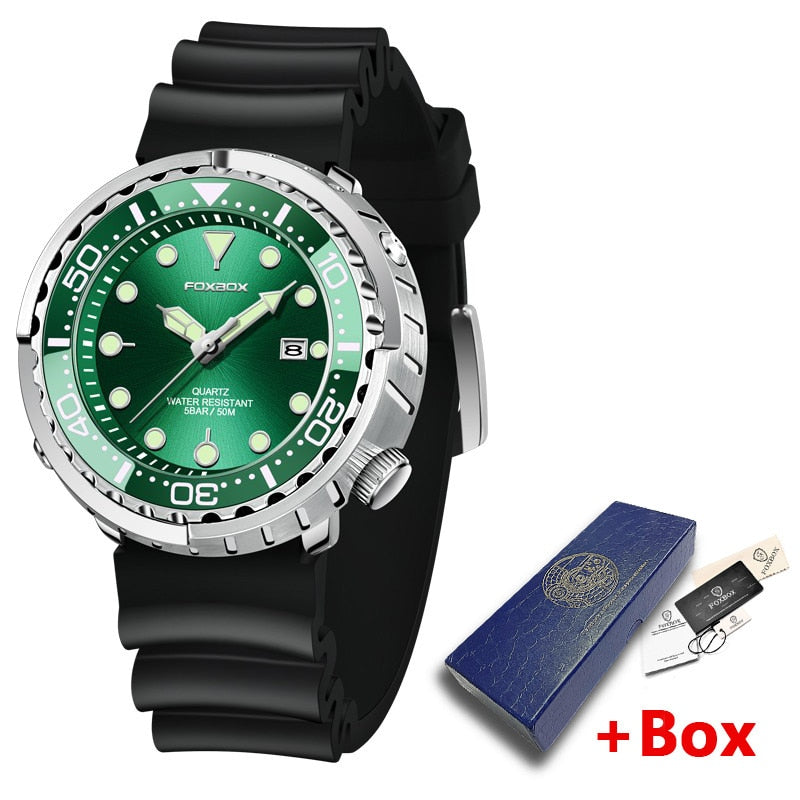 New Men Watches 5ATM Sports Waterproof Quartz Wristwatch Luminous Clock with Steel Bezel Watch for Men Relogio Masculino+Box Green-Silicone