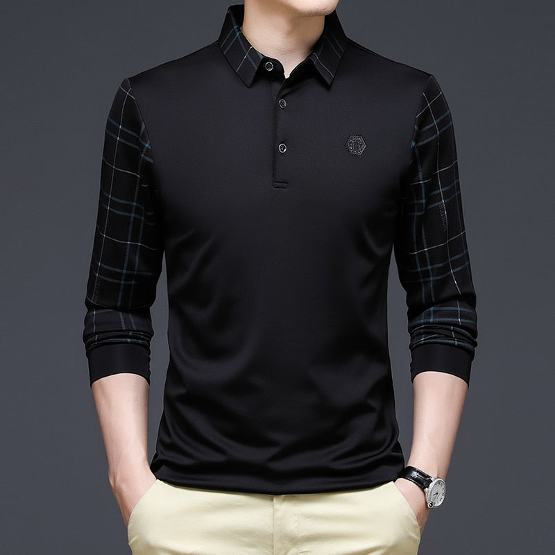 New Men Polo Shirt Autumn Casual Business Tops Solid Polo Shirts Mens Long Sleeve Polo Homme Fashion Korean Slim Lapel Tee Black P4136, S