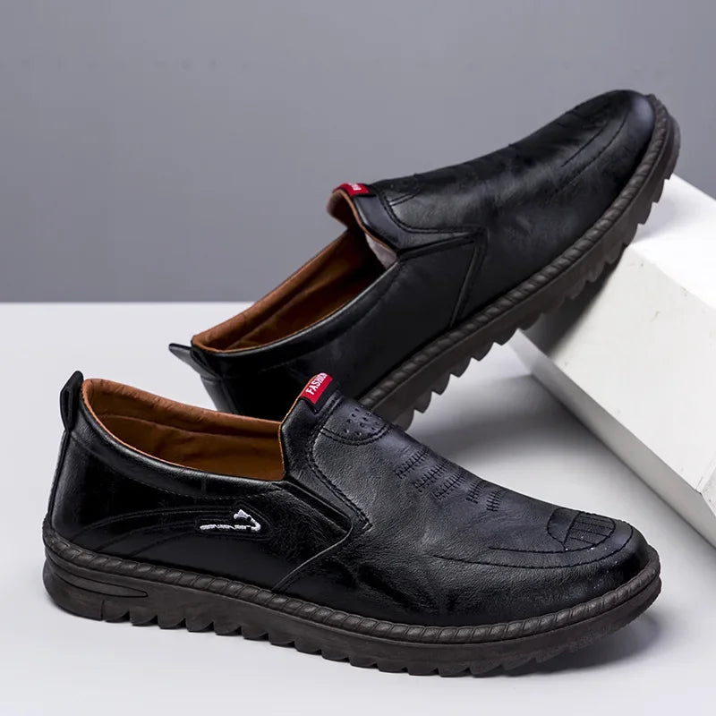 Men Leather Shoes Casual Shoes Slip On Soft Leather Soft Sole Breathable Shoes Fashionable Textured Soft Leather-Shoes