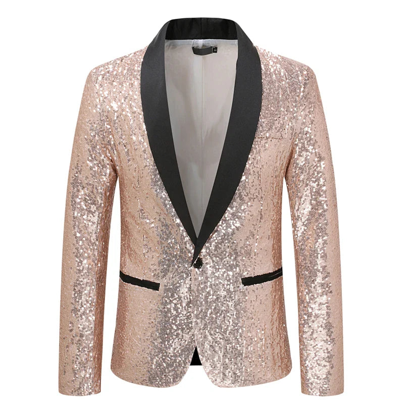 New Shiny Sequin Glitter Embellished Tuxedo Suit Jacket Men One Button Shawl Collar Blazer X51 Champagne, XXL