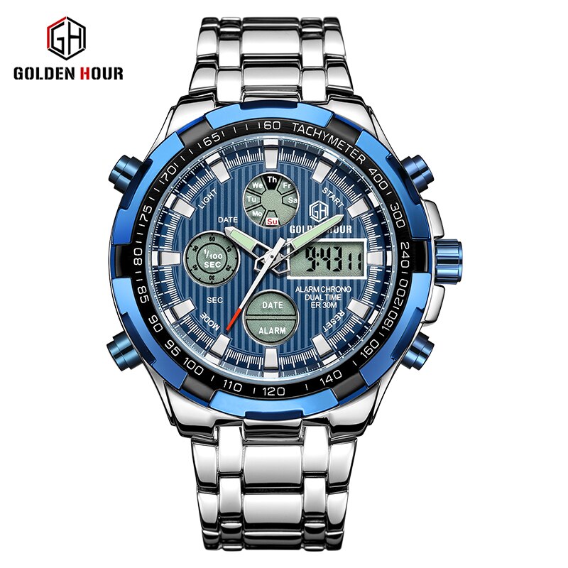 Luxury Brand Waterproof Military Sport Watches Men Silver Steel Digital Quartz Analog Watch Clock Relogios Masculinos