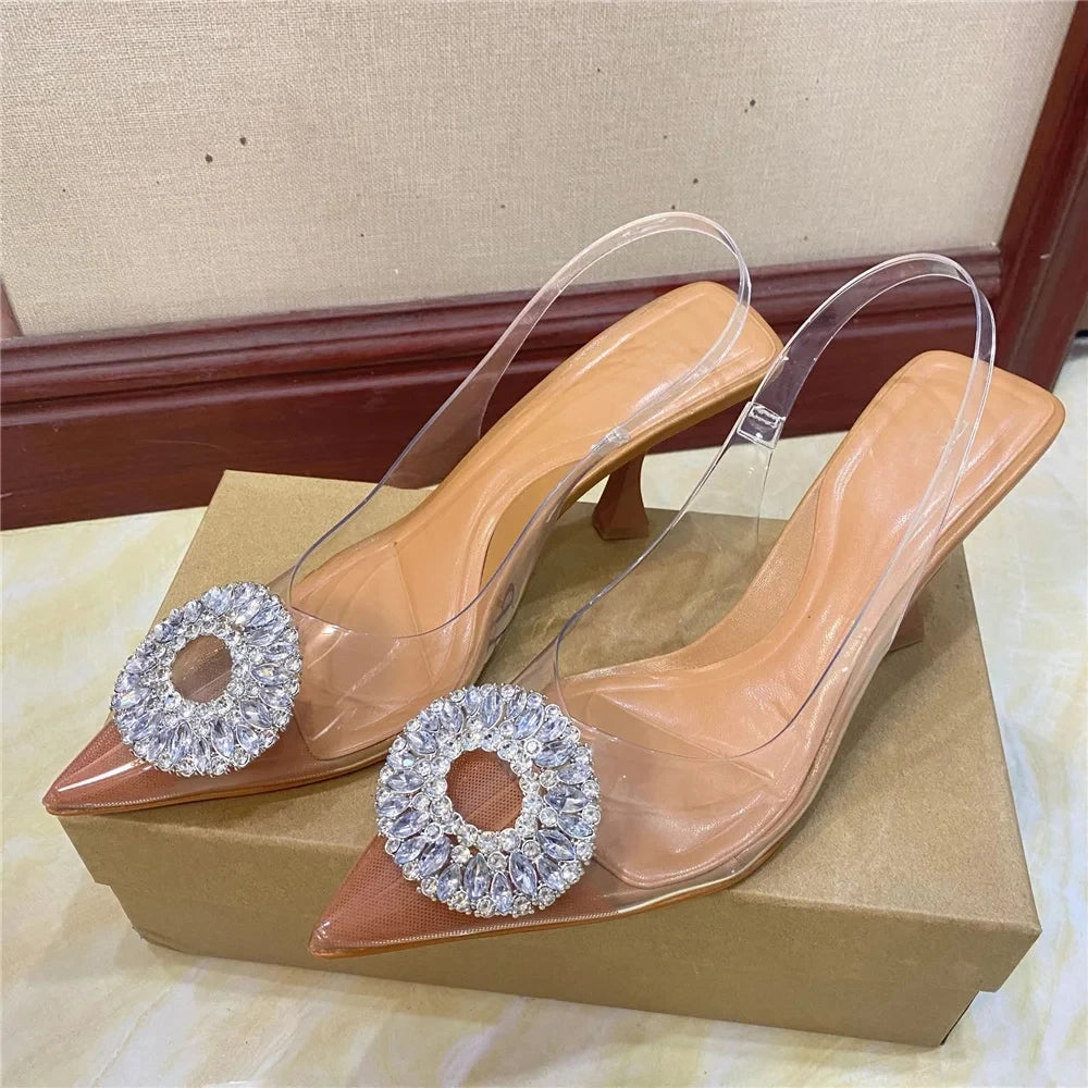 Luxury Brand Women High Heels Rhinestone Fashion Sandals Summer Transparent Shoes Ladies Pumps Slingbacks Plus Size 42