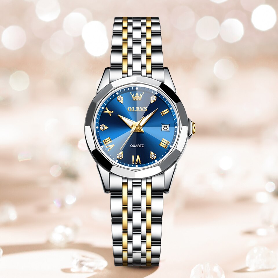 New Women Watches Elegant Rhombus Mirror Original Quartz Ladies Wristwatch Stainless Steel Waterproof Luminous New gold blue