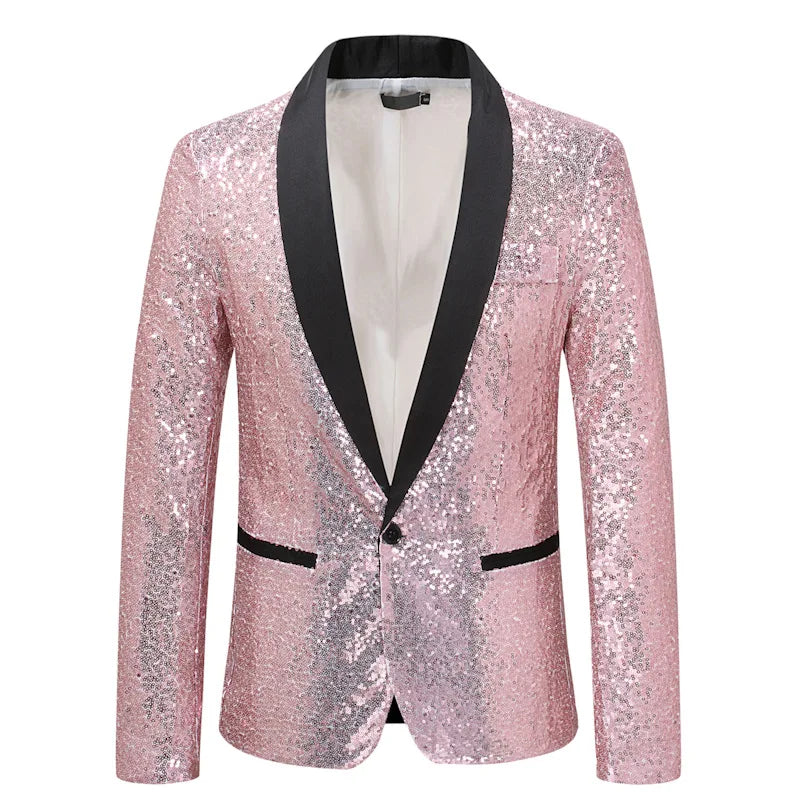 New Shiny Sequin Glitter Embellished Tuxedo Suit Jacket Men One Button Shawl Collar Blazer X51 Pink, XXL