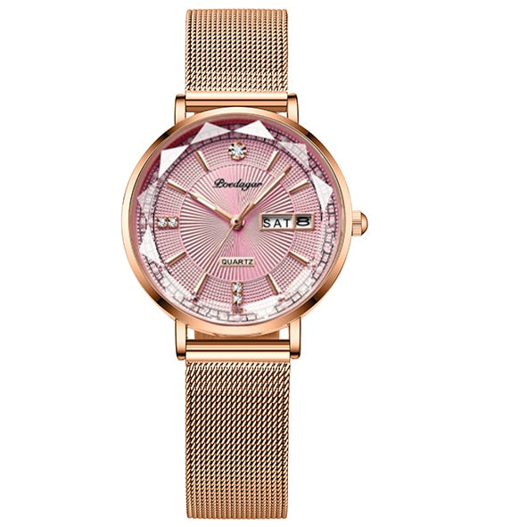 New Women Watch Rose Gold Fashion Quartz Watches Top Brand Luxury Ladies Wristwatch Waterproof Date Week Girlfriend Gift