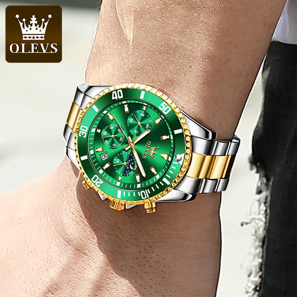 Men Watch Quartz Waterproof Luminous Stainless Steel Watch Green Sport Date Moon phase Wrist Watch for Men Reloj hombres