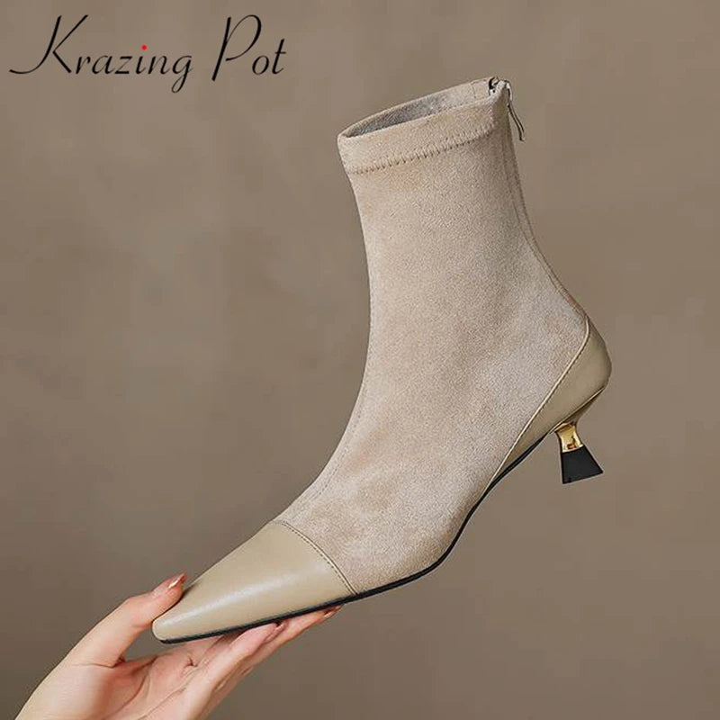 Krazing Pot Cow Leather Stiletto Med Heels Pointed Toe Winter Warm Stretch Boots British Vintage Zipper Patch Work Ankle Boots