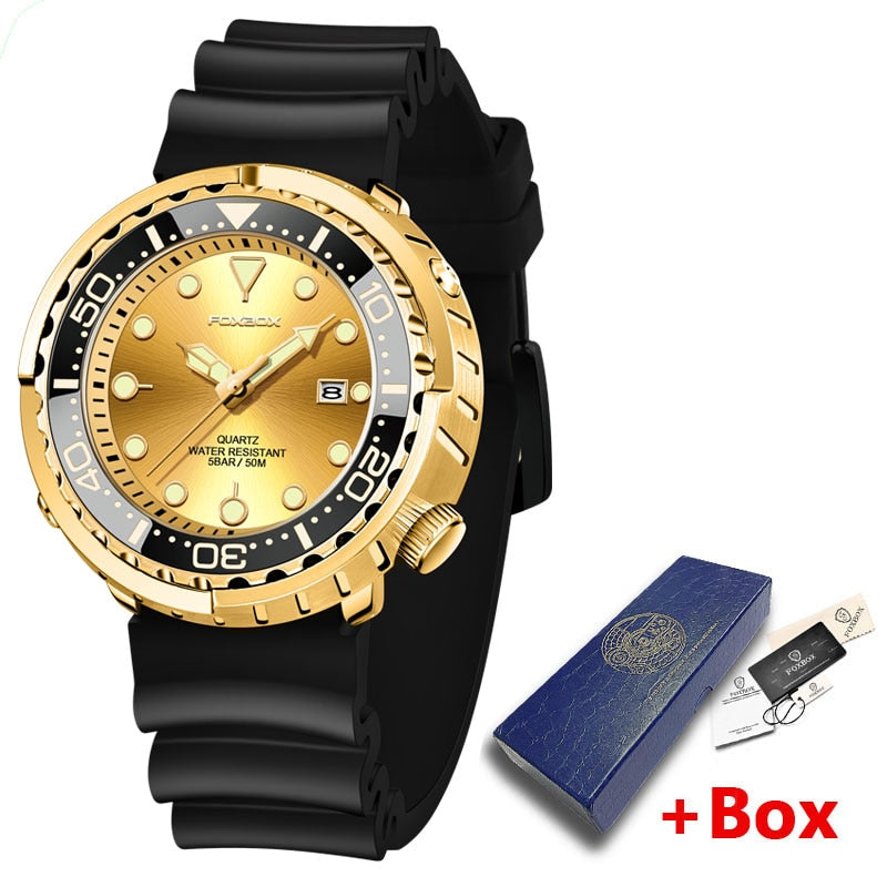 New Men Watches 5ATM Sports Waterproof Quartz Wristwatch Luminous Clock with Steel Bezel Watch for Men Relogio Masculino+Box Gold-Silicone