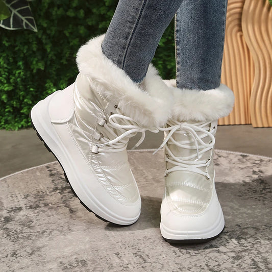 Women's Faux Fur Ankle Boots Chunky Platform Waterproof Snow Boots Women Silver Thick Plush Warm Winter Boots Shoes Woman