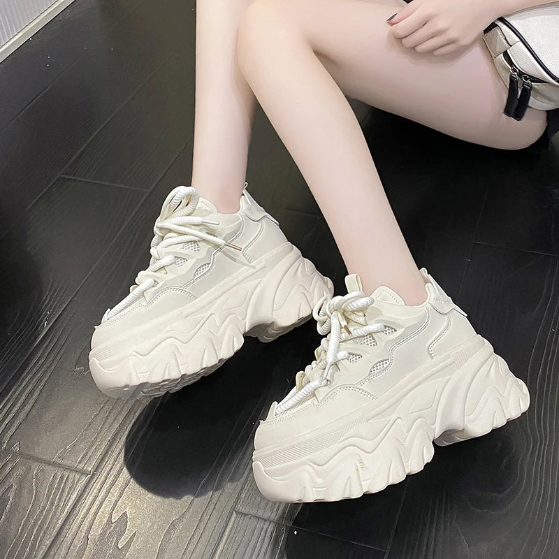 Women Platform Casual Breathable Mesh Shoes Summer Chunky Sneakers 8.5CM Wedges Hidden Heels Hollow Leisure Shoes Woman