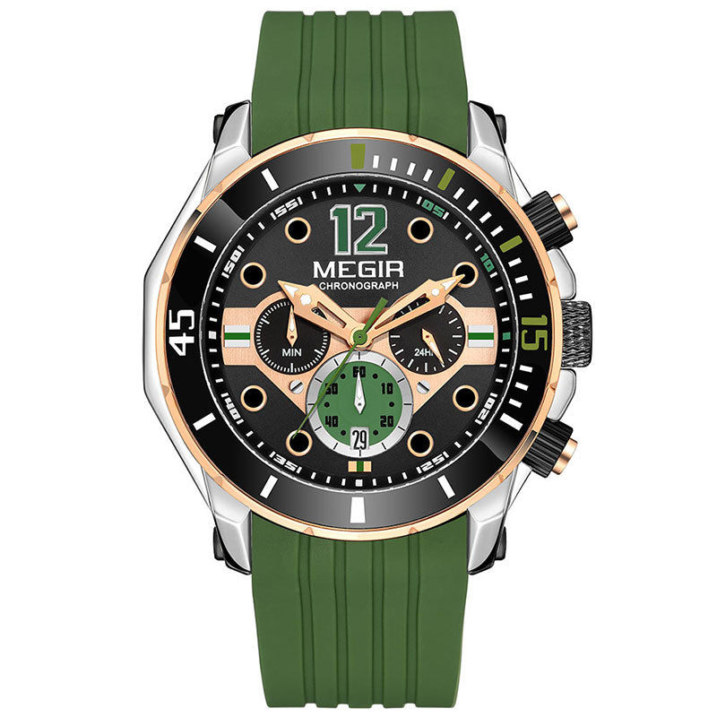 MEGIR Chronograph Watches for Men Fashion Military Sport Silicone Strap Wristwatch with Auto Date Waterproof Quartz Watch Green