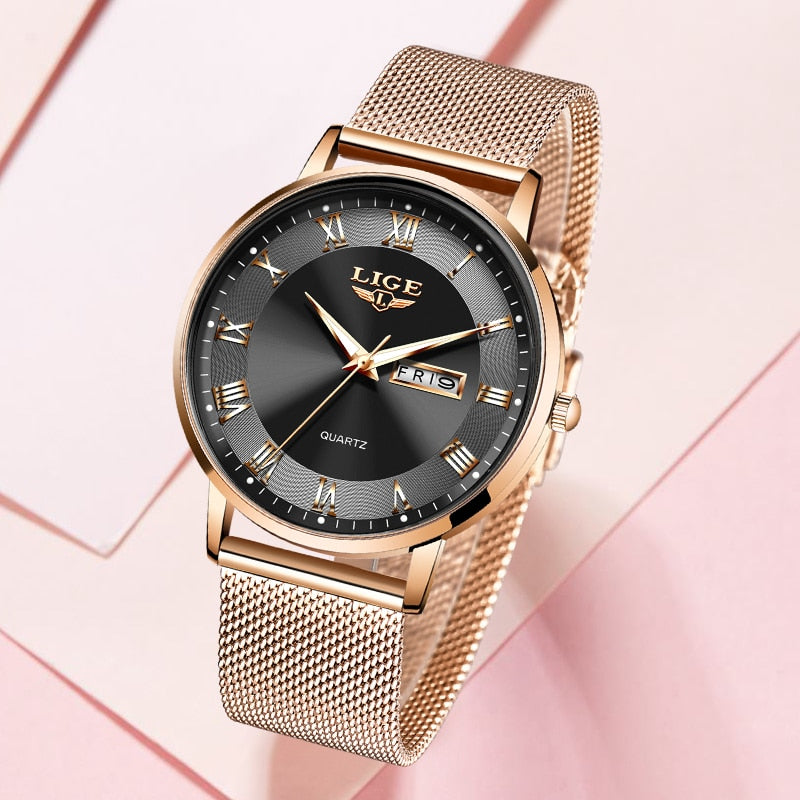 Women Watch Bracelet Quartz Clock Movement Simple Waterproof Rose Gold Stainless Steel Mesh Ladies Watches