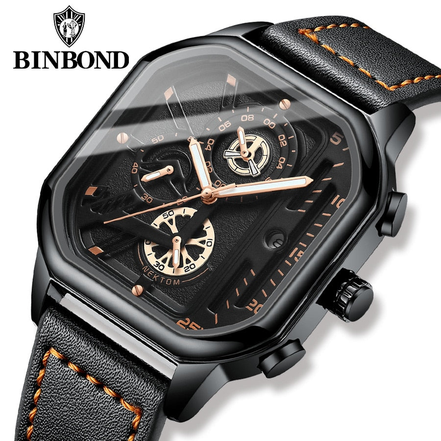 Square Chronograph Casual Fashion Sports Wrist Watch For Men Leather Clock Luxury Business Wristwatch Waterproof Date Watch