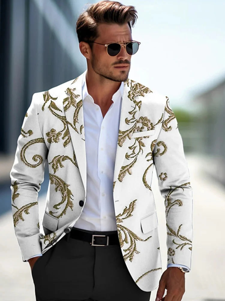 New Flower Vine Boutique Men Casual Printed Suit Business Casual Indoor Office Outdoor white, M