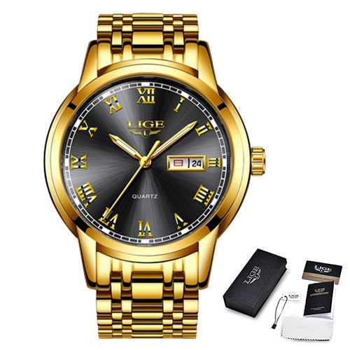 LIGE Stainless Steel Watch Luxury Men Watches Date Watch for Men Business Wirstwatchs Men Waterproof Quartz Watches Classic Clock gold black, China