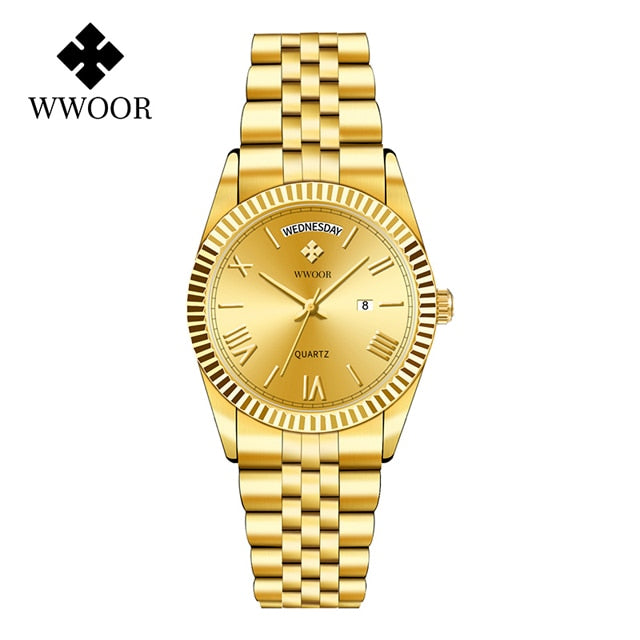 New Gold Watches Mens Luxury Stainless Steel With Calendar Warter proof Male Clock Week Quartz Wristwatch Relogio Masculino Gold gold