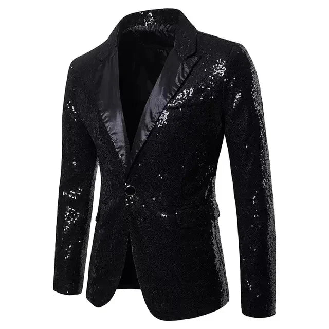 New Formal Men Shiny Blazer Sequins Party Button Dance Bling Wedding Gentleman black, Asian L(US S), CHINA