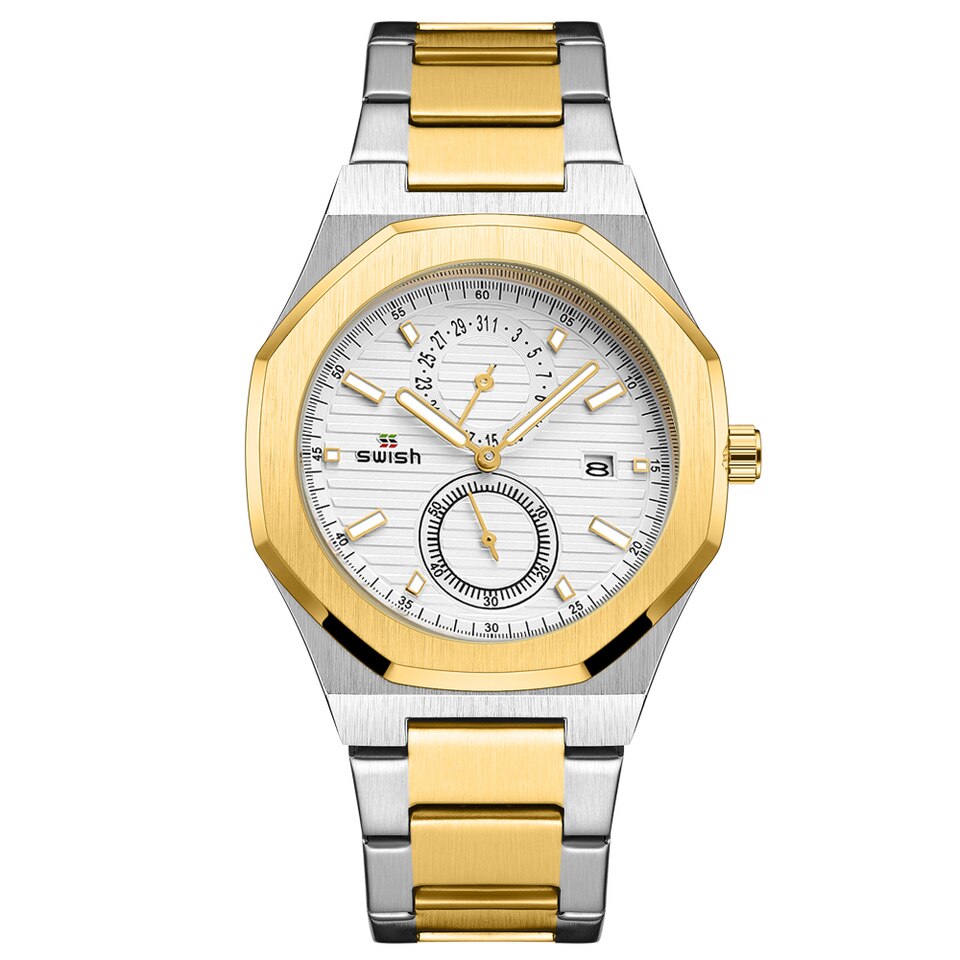 Fashion Octagonal Chronograph Quartz Watches Men Top Brand Luxury Golden Stainless Steel Wristwatch Man Waterproof 3ATM SilverGold-White