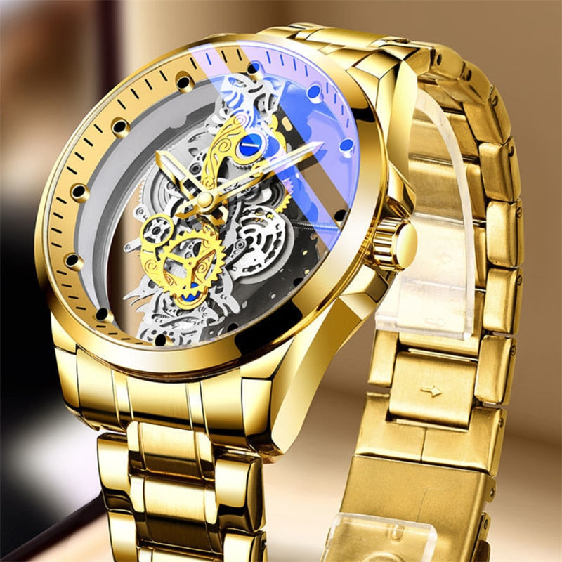 Authentic Skeleton Quartz Watch Stainless Steel Waterproof Men Watches Built-in Battery Drive Tansparent Luxury Original A4281