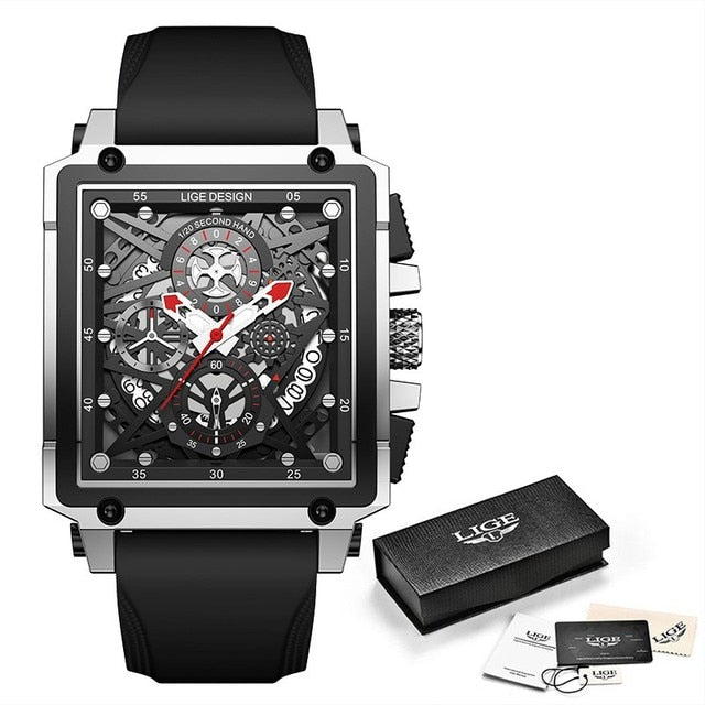 New Men Watches Top Brand Luxury Hollow Square Sport Watch For Men Fashion Leather Strap Waterproof Quartz WristWatch