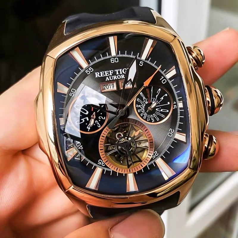 Reef Tiger RT Top Brand Luxury Big Watch for Men Blue Dial Mechanical Tourbillon Sport Watches Relogio Masculino RGA3069