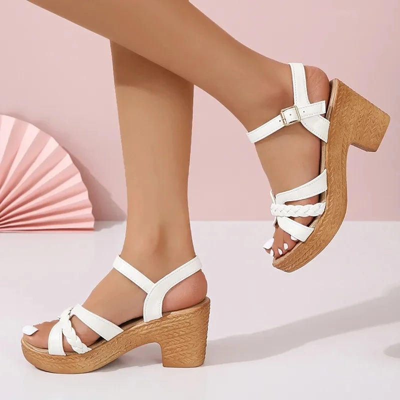 Ankle Strap High Heels Sandals Women Summer Weave Cross Band Gladiator Sandals Woman Chunky Heeled Platform Sandalias Mujer