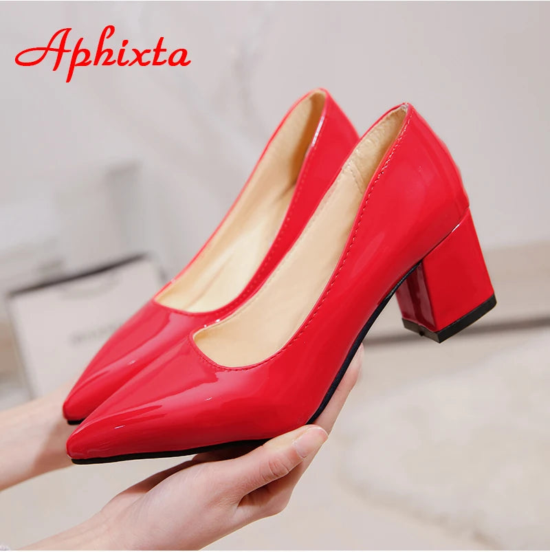 Square Heels Patent Leather Red Pumps Shoes Woman Classics Pointed Toe Dress Official Pumps Party Plus Size