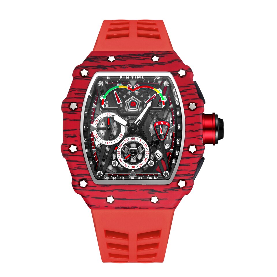 Men Fashion Sport Watch Chronograph Function Stopwatch Red Rubber Strap Auto Date Male Luxury Wristwatch