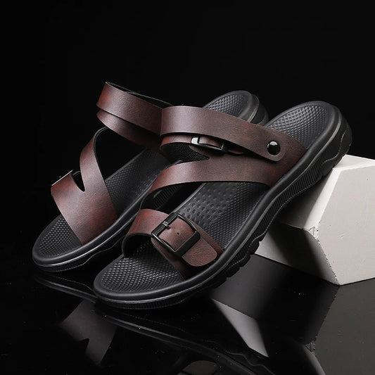 Men PU Leather Sandals Slip-on Summer Breathable Slippers Open Toe Casual Outdoor Walking Shoes Plus Size Beach Sandals for Male