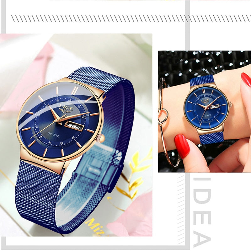 Women Watches Luxury Brand Ultra Thin Calendar Week Quartz Watch Ladies Clocks Mesh Stainless Steel Waterproof