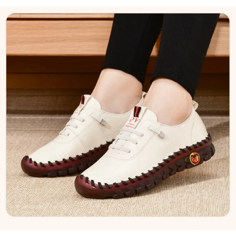 Sneakers Women Leather Loafers Comfortable Slip on Hand Sewing Thread Mom Spring Autumn Flats Shoe Adult Rubber PU Basic Casual