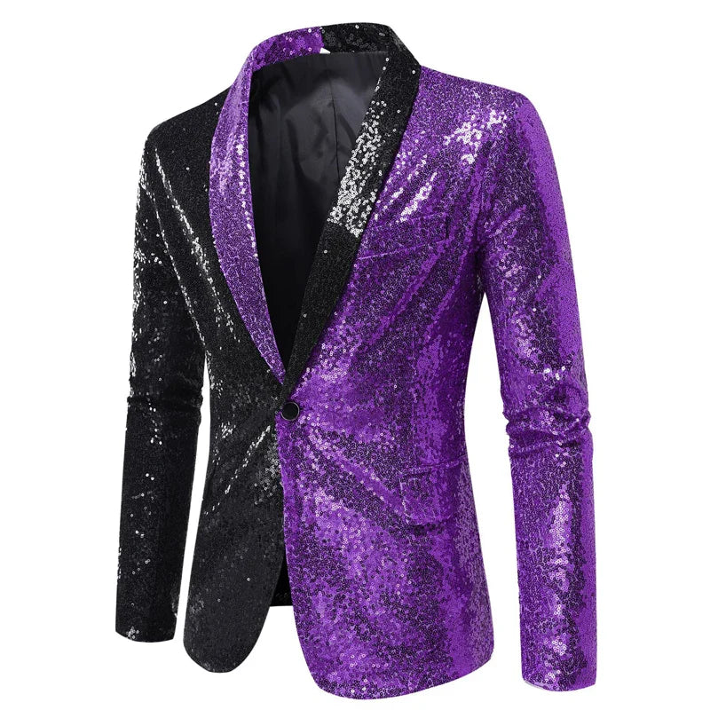 New Shiny Sequin Glitter Blazer for Men One Button Peak Collar Tuxedo Wedding Groom Party Prom Stage Costume Homme X22 Black Purple, US Size S