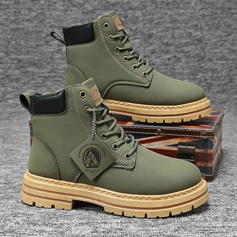 High Top Men Boots Fashion Motorcycle Ankle Boots for Men Green Male Hiking Boot Winter Lace-Up Men's Shoes Botas Hombre