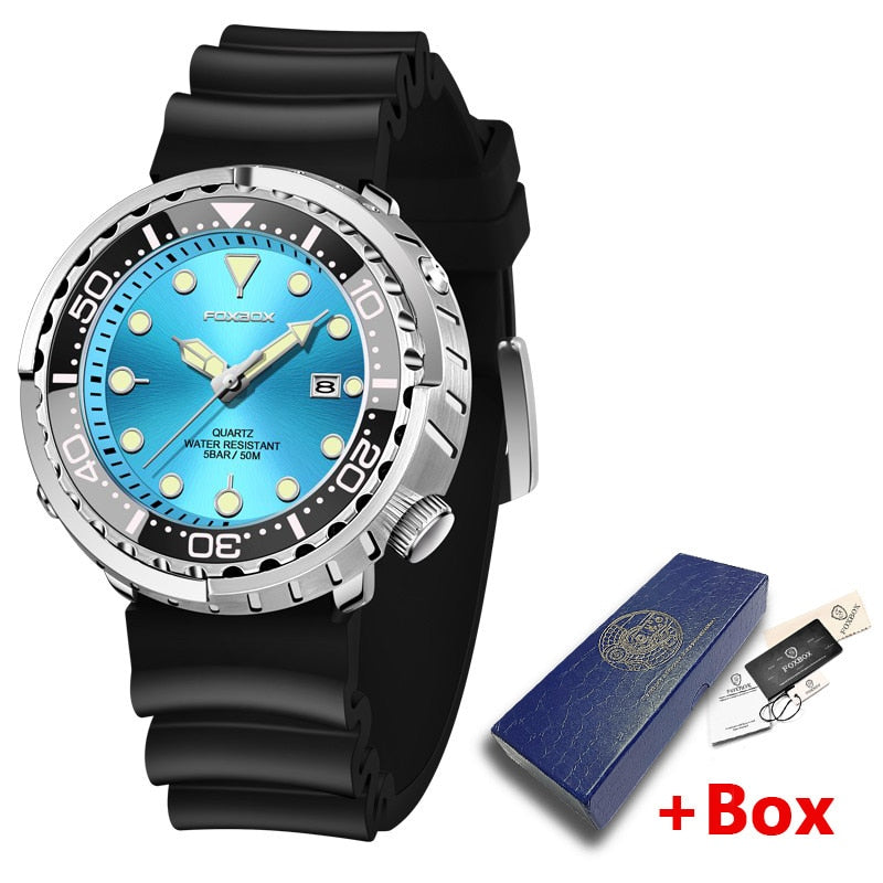 New Men Watches 5ATM Sports Waterproof Quartz Wristwatch Luminous Clock with Steel Bezel Watch for Men Relogio Masculino+Box Sky Blue-Silicone