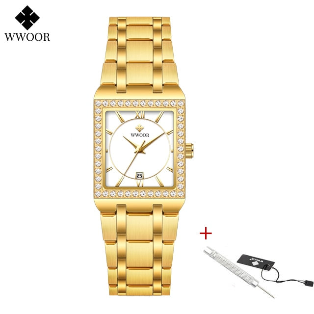 New Fashion Ladies Diamond Watch Top Brand Luxury Square Wrist Watch Simple Women Dress Small Watch Relogio Feminino Gold white