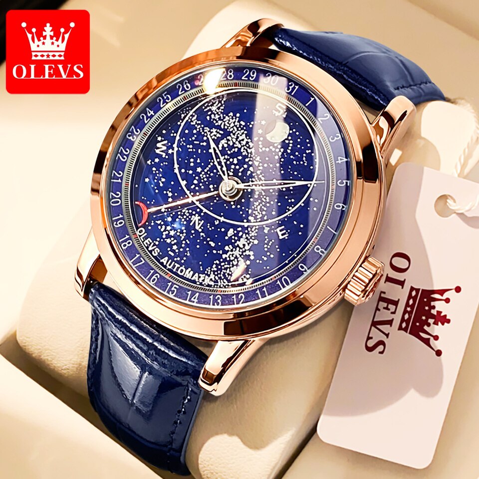 OLEVS Men Mechanical Watch 43.5mm Dial Rotating Watch Second Hand Luminous Star Men's Watch Hombres Mecánico Superficie 9923