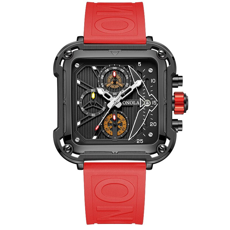 Men Unique Square Design Luxury Quartz Sports Tape Watches Men Waterproof ON6831 black red