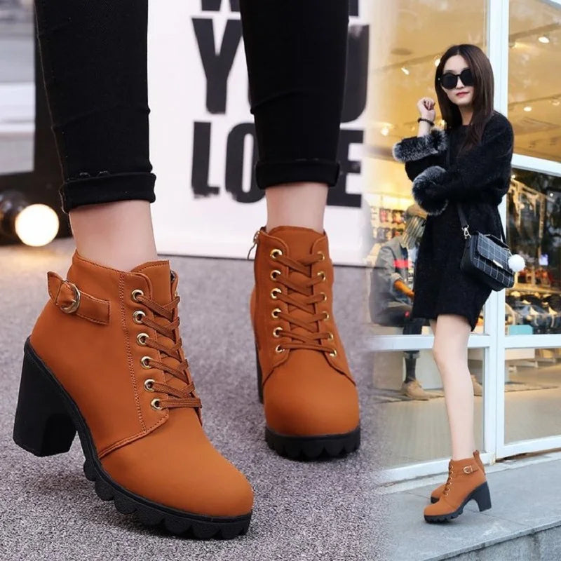 New Spring Winter Women Pumps Boots High Quality Lace-up European Ladies Shoes PU High Heels Boots Fast Delivery