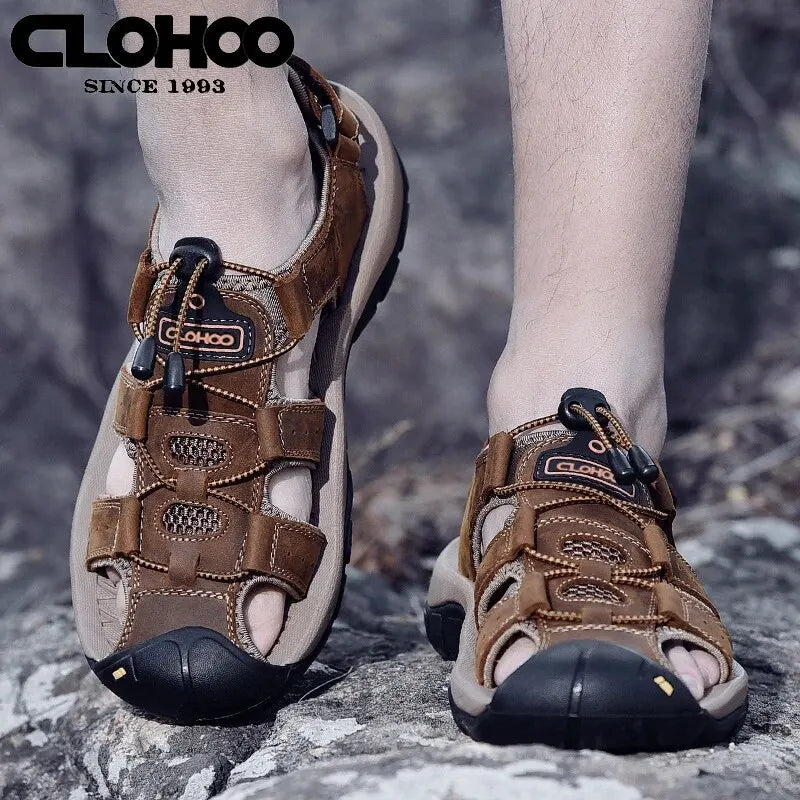 Men Genuine Leather Shoes Summer Non Slip Outdoor Water Walking Hiking Trekking Shoes Comfortable Casual Sneakers