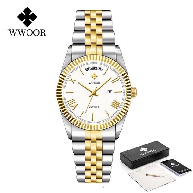 New Gold Watches Mens Luxury Stainless Steel With Calendar Warter proof Male Clock Week Quartz Wristwatch Relogio Masculino Silver white box