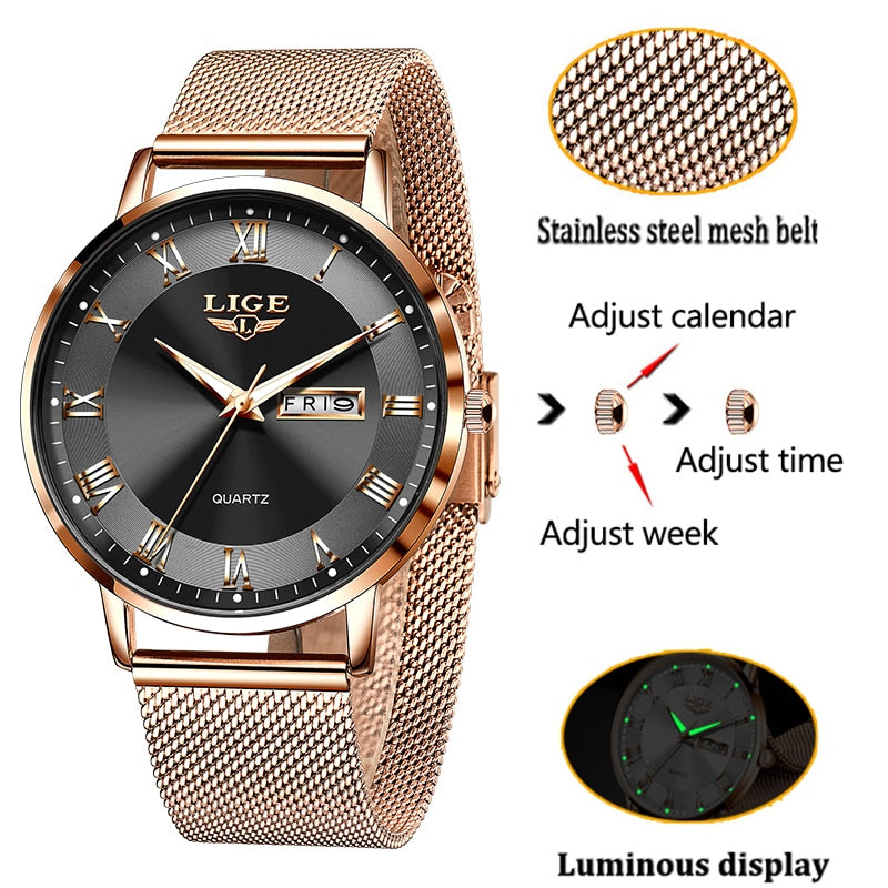 Women Watch Bracelet Quartz Clock Movement Simple Waterproof Rose Gold Stainless Steel Mesh Ladies Watches